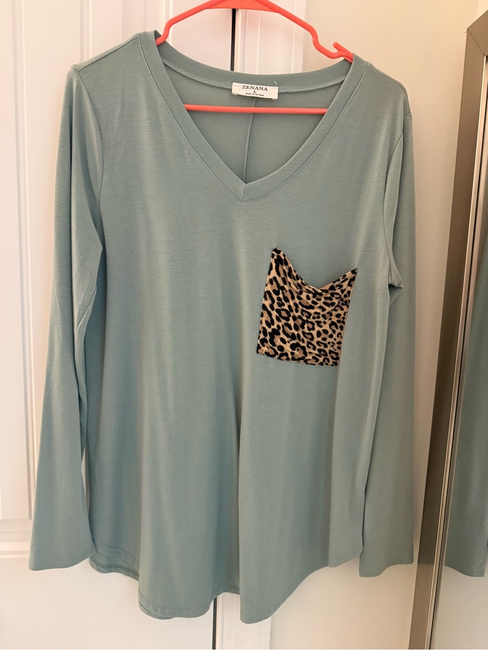 Zenana Outfitters Sage V-Neck Long Sleeve Top with Leopard Pocket Accent
